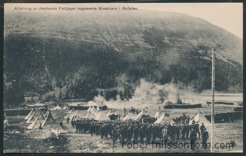 Jämtlands Feltjägar regemente Bivackera i Bydalen. Foto Nils Thomasson år 1904